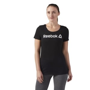 Koszulki Damskie Reebok Linear Scoop Neck Czarne/Białe PL 16BJWUZ